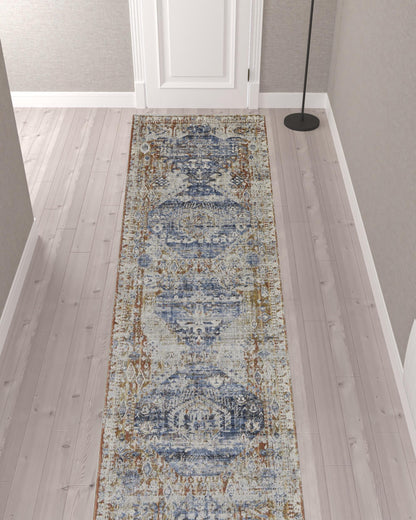 12' Ivory Orange And Blue Floral Power Loom Distressed Runner Rug With Fringe - 39" H x 36" W x 144" D