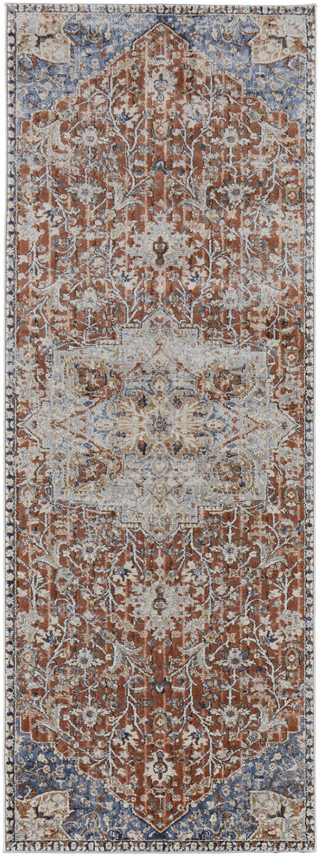 10' Orange Ivory And Blue Floral Power Loom Runner Rug With Fringe - 118.11" (L) x 153.54" (W) x 0.79" (H)