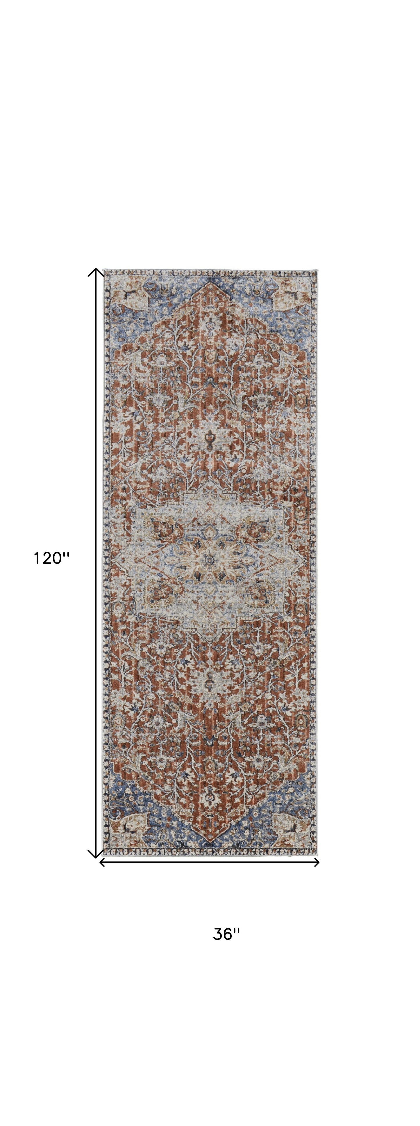 10' Orange Ivory And Blue Floral Power Loom Runner Rug With Fringe - 118.11" (L) x 153.54" (W) x 0.79" (H)