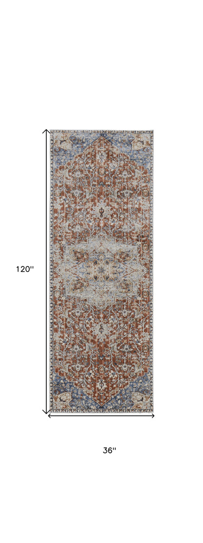 10' Orange Ivory And Blue Floral Power Loom Runner Rug With Fringe - 118.11" (L) x 153.54" (W) x 0.79" (H)