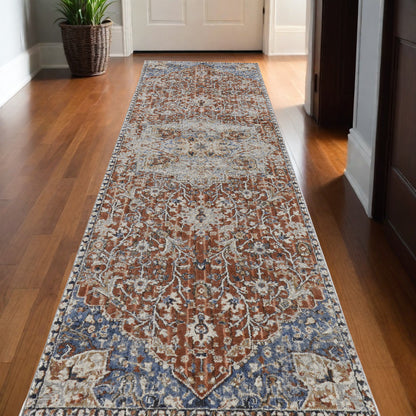 10' Orange Ivory And Blue Floral Power Loom Runner Rug With Fringe - 118.11" (L) x 153.54" (W) x 0.79" (H)