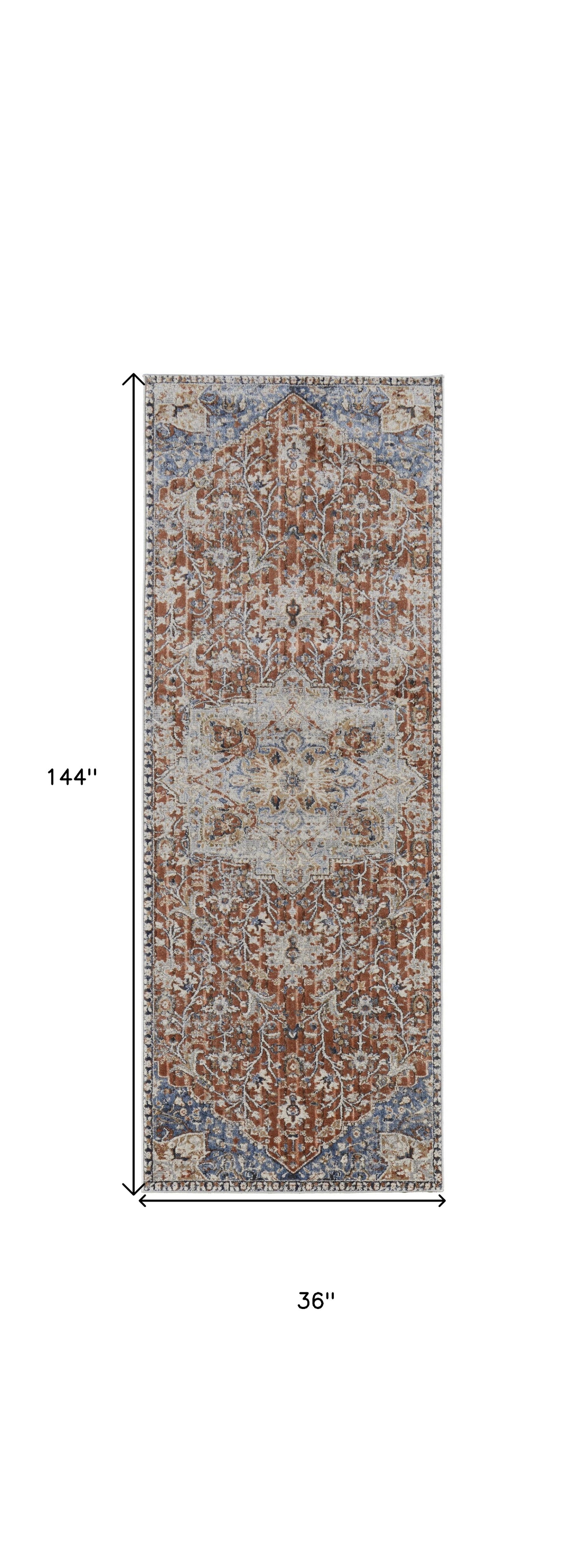 12' Orange Ivory And Blue Floral Power Loom Runner Rug With Fringe - 26.77" (L) x 92.52" (W) x 0.31" (H)