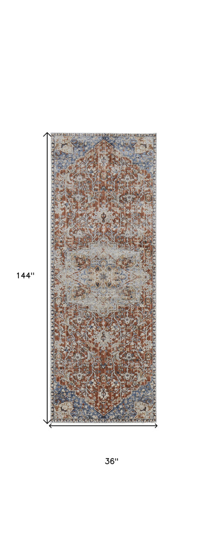 12' Orange Ivory And Blue Floral Power Loom Runner Rug With Fringe - 26.77" (L) x 92.52" (W) x 0.31" (H)