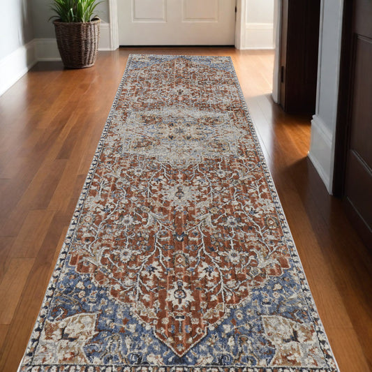 12' Orange Ivory And Blue Floral Power Loom Runner Rug With Fringe - 26.77" (L) x 92.52" (W) x 0.31" (H)