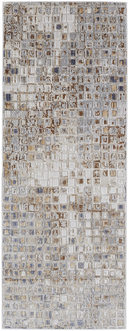 10' Tan Ivory And Blue Geometric Power Loom Distressed Runner Rug - 27.0" (L) x 156.0" (W) x 0.6" (H)