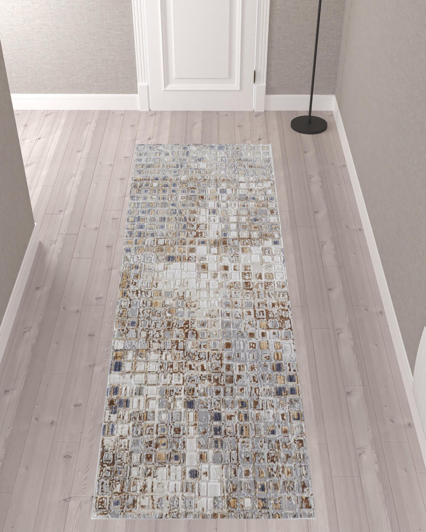 10' Tan Ivory And Blue Geometric Power Loom Distressed Runner Rug - 27.0" (L) x 156.0" (W) x 0.6" (H)