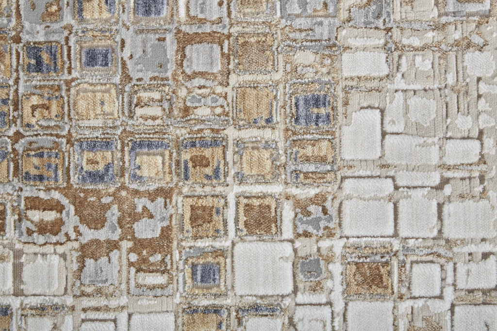 12' Tan Ivory And Blue Geometric Power Loom Distressed Runner Rug - 26.77" (L) x 92.52" (W) x 0.23" (H)