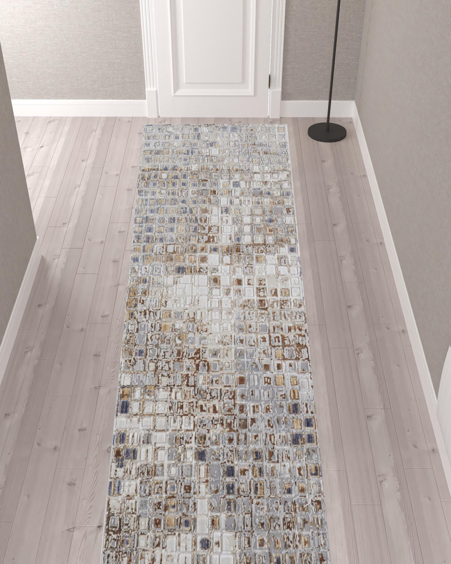 12' Tan Ivory And Blue Geometric Power Loom Distressed Runner Rug - 26.77" (L) x 92.52" (W) x 0.23" (H)