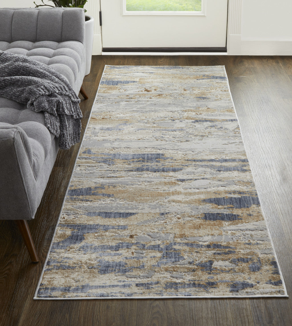 12' Tan Orange And Ivory Abstract Power Loom Distressed Runner Rug - 26.77" (L) x 92.52" (W) x 0.23" (H)