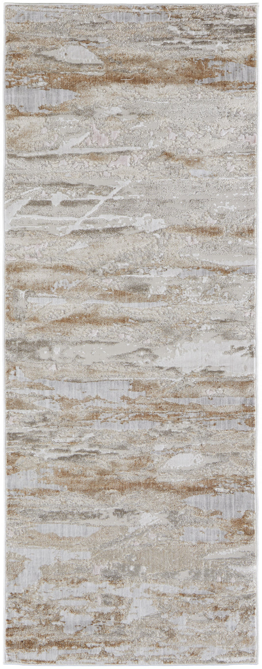 12' Tan And Ivory Abstract Power Loom Distressed Runner Rug - 26.77" (L) x 90.55" (W) x 0.39" (H)