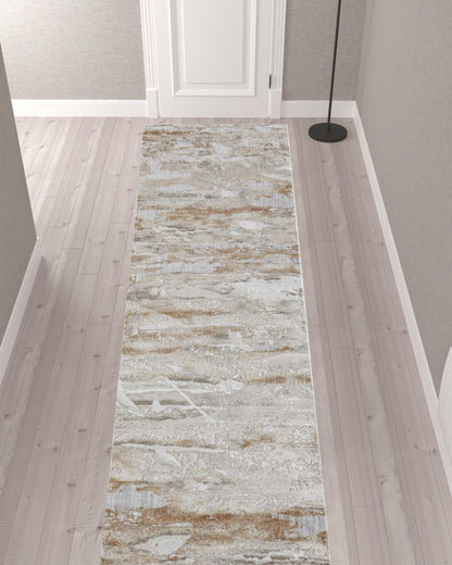 12' Tan And Ivory Abstract Power Loom Distressed Runner Rug - 26.77" (L) x 90.55" (W) x 0.39" (H)