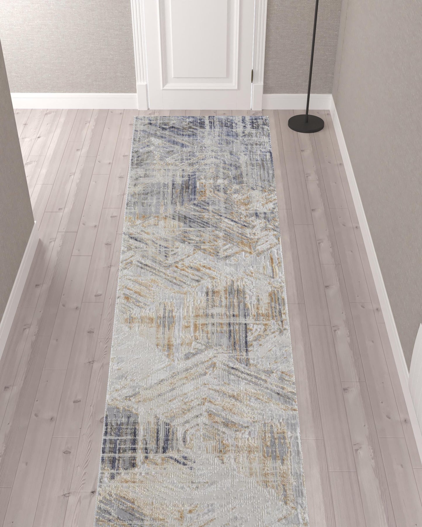 12' Tan Ivory And Gray Abstract Power Loom Distressed Runner Rug - 26.77" (L) x 92.52" (W) x 0.31" (H)