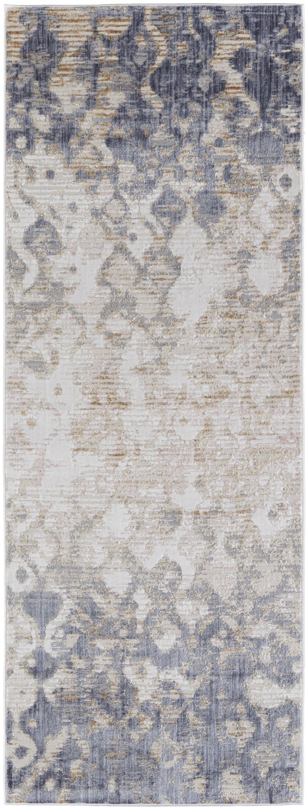 12' Tan Ivory And Blue Abstract Power Loom Distressed Runner Rug - 26.77" (L) x 92.52" (W) x 0.23" (H)