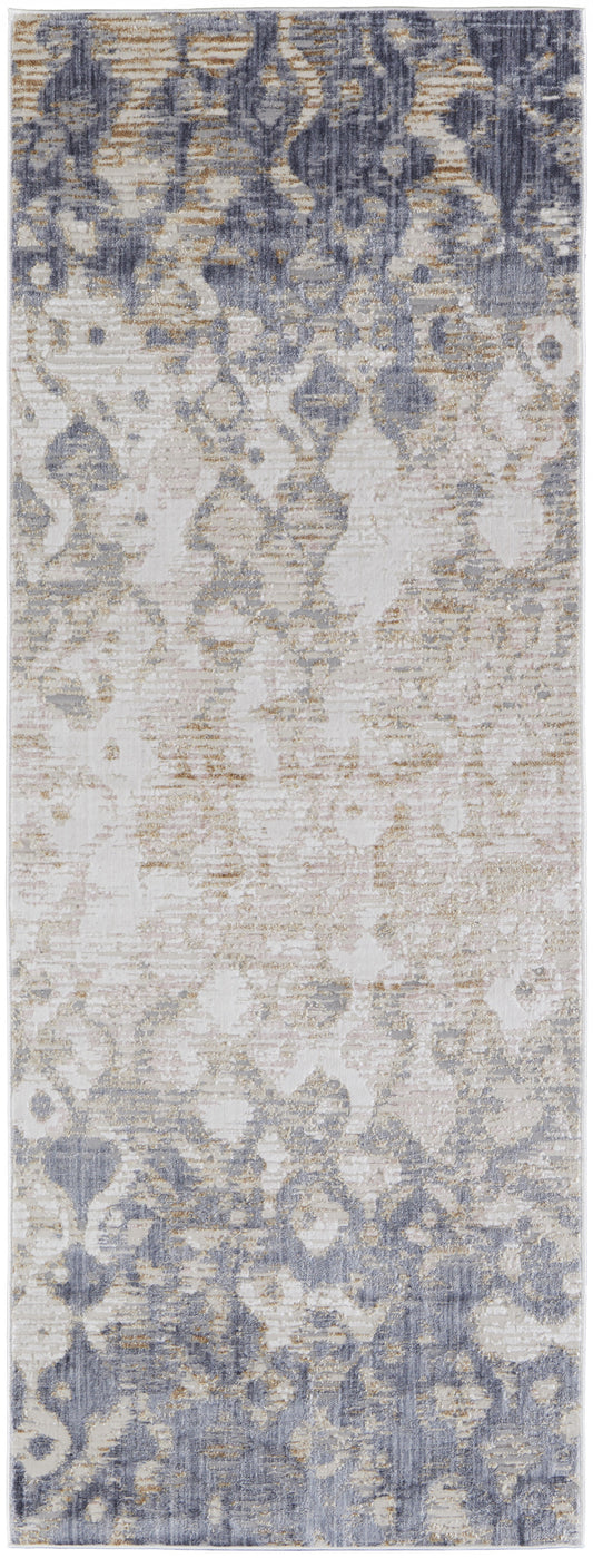 12' Tan Ivory And Blue Abstract Power Loom Distressed Runner Rug - 26.77" (L) x 92.52" (W) x 0.23" (H)