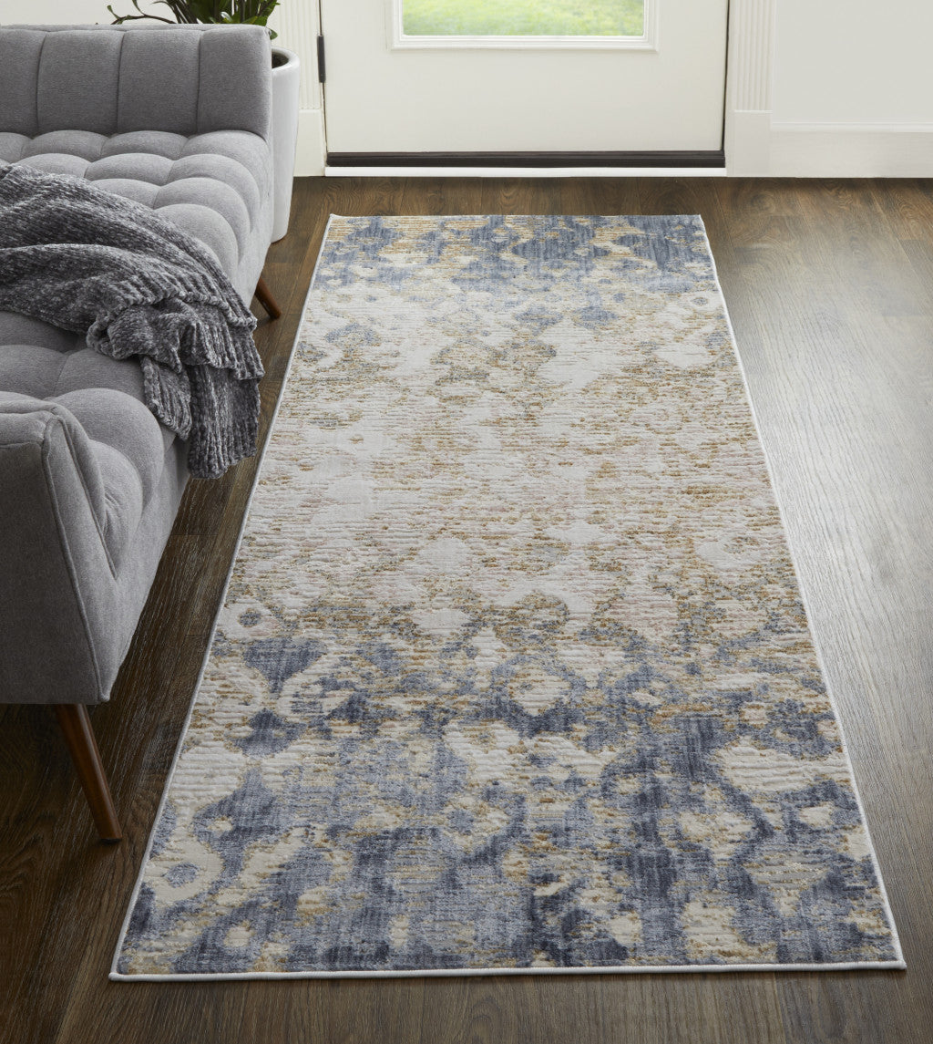 12' Tan Ivory And Blue Abstract Power Loom Distressed Runner Rug - 26.77" (L) x 92.52" (W) x 0.23" (H)