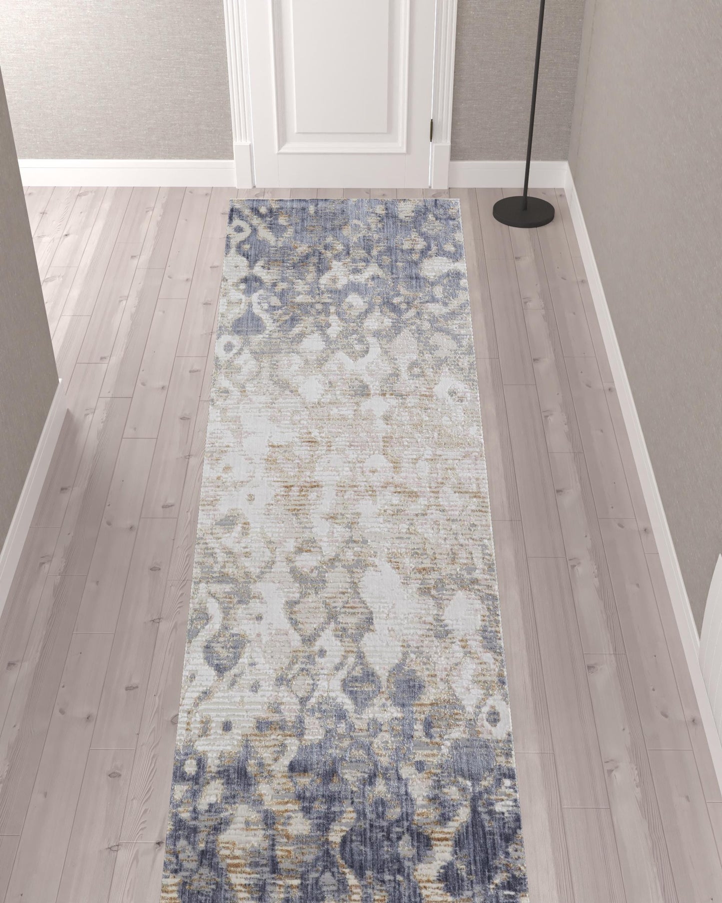 12' Tan Ivory And Blue Abstract Power Loom Distressed Runner Rug - 26.77" (L) x 92.52" (W) x 0.23" (H)