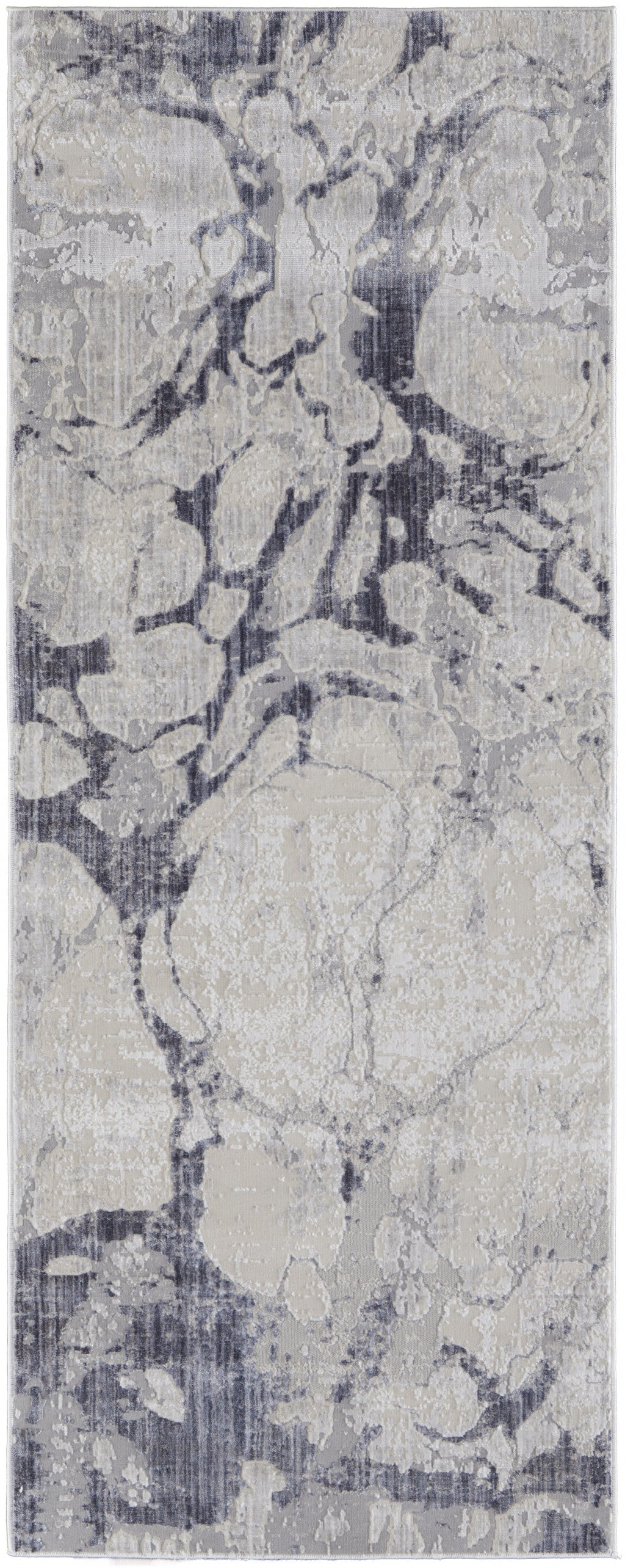 12' Ivory And Blue Abstract Power Loom Distressed Runner Rug - 24.0" (L) x 72.0" (W) x 0.25" (H)