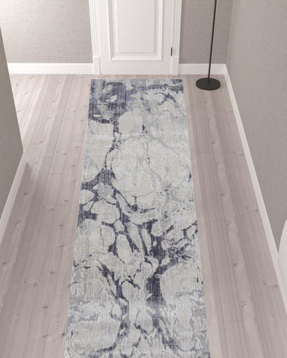 12' Ivory And Blue Abstract Power Loom Distressed Runner Rug - 24.0" (L) x 72.0" (W) x 0.25" (H)