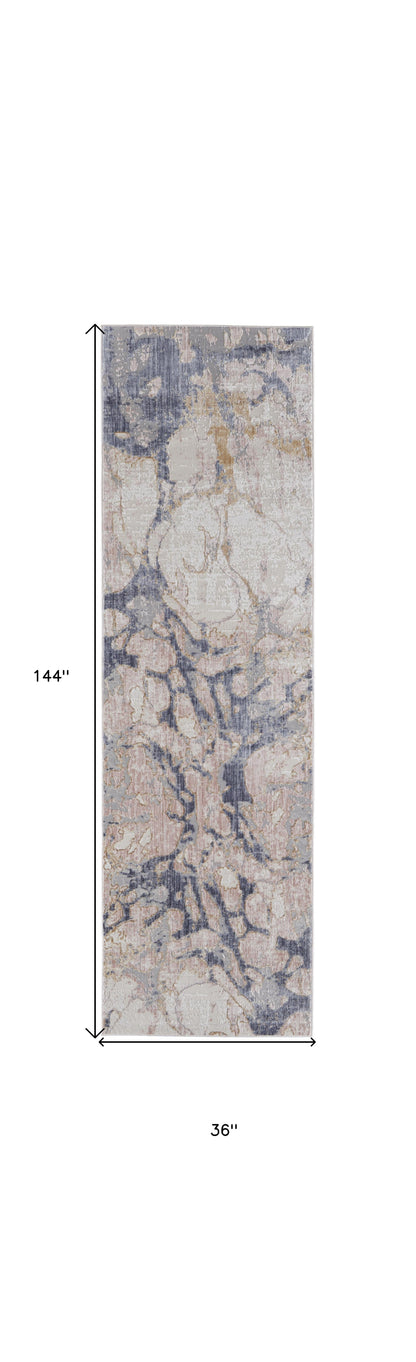 12' Beige and Blue Abstract Power Loom Distressed Runner Rug - 26.0" (L) x 45.0" (W) x 0.32" (H)