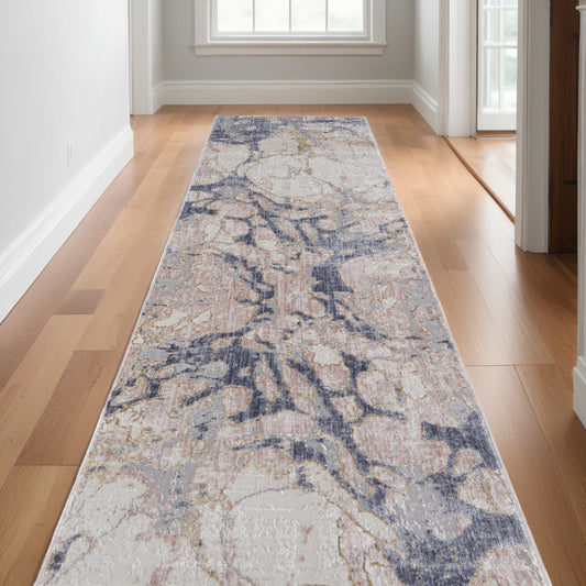 12' Beige and Blue Abstract Power Loom Distressed Runner Rug - 26.0" (L) x 45.0" (W) x 0.32" (H)