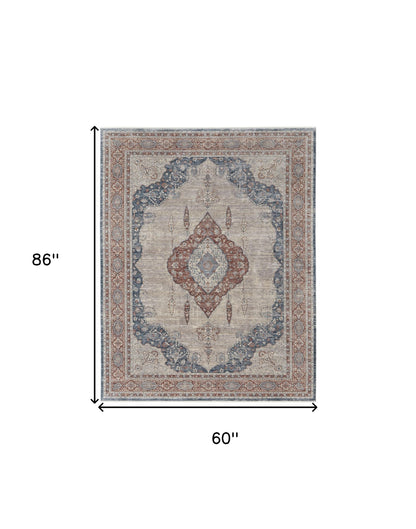 5' X 7' Gray Red And Blue Floral Power Loom Stain Resistant Area Rug