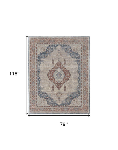 5' X 7' Gray Red And Blue Floral Power Loom Stain Resistant Area Rug