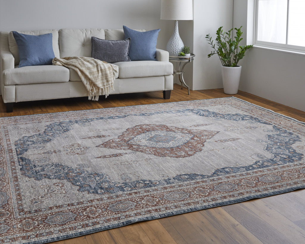 5' X 7' Gray Red And Blue Floral Power Loom Stain Resistant Area Rug