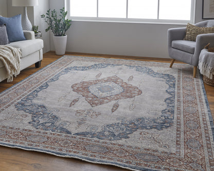 5' X 7' Gray Red And Blue Floral Power Loom Stain Resistant Area Rug