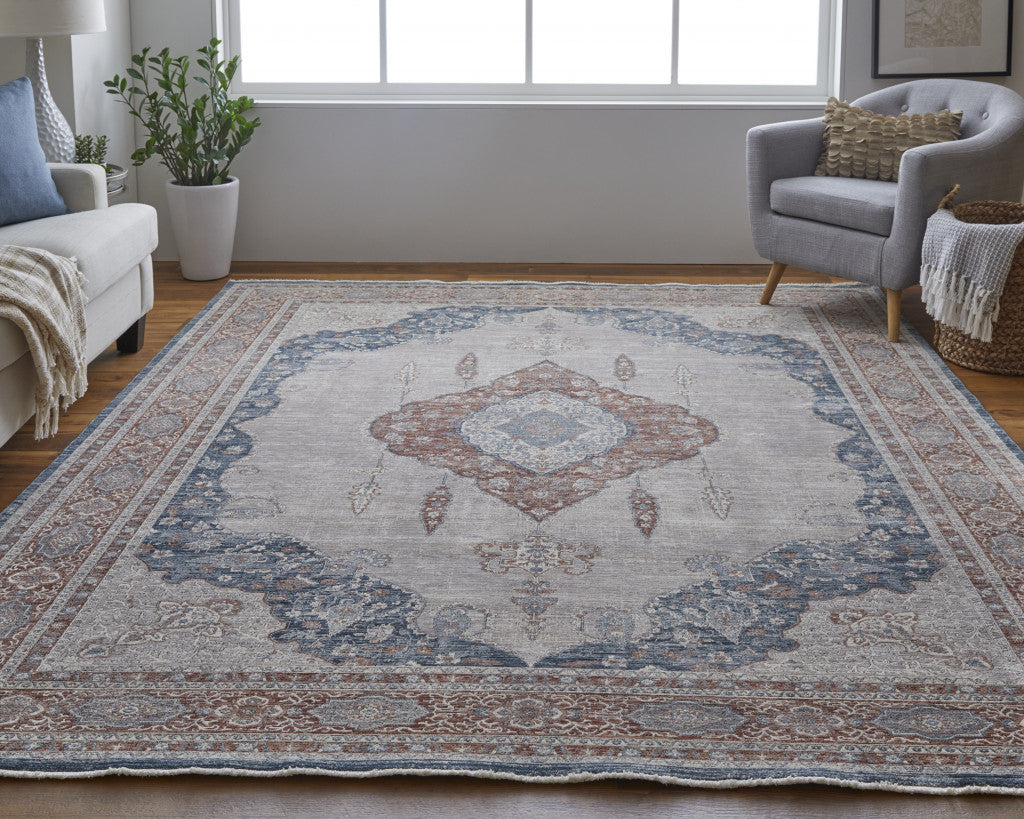 5' X 7' Gray Red And Blue Floral Power Loom Stain Resistant Area Rug