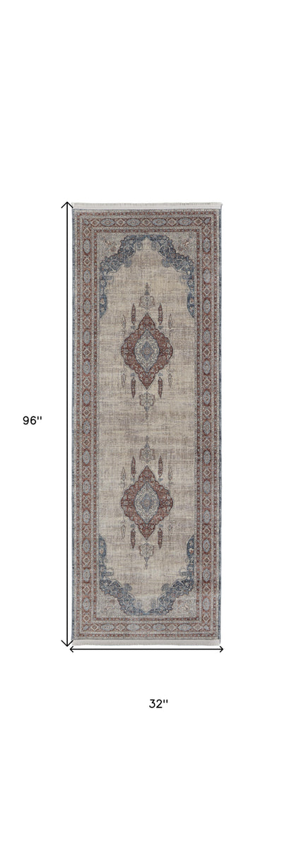 5' X 7' Gray Red And Blue Floral Power Loom Stain Resistant Area Rug