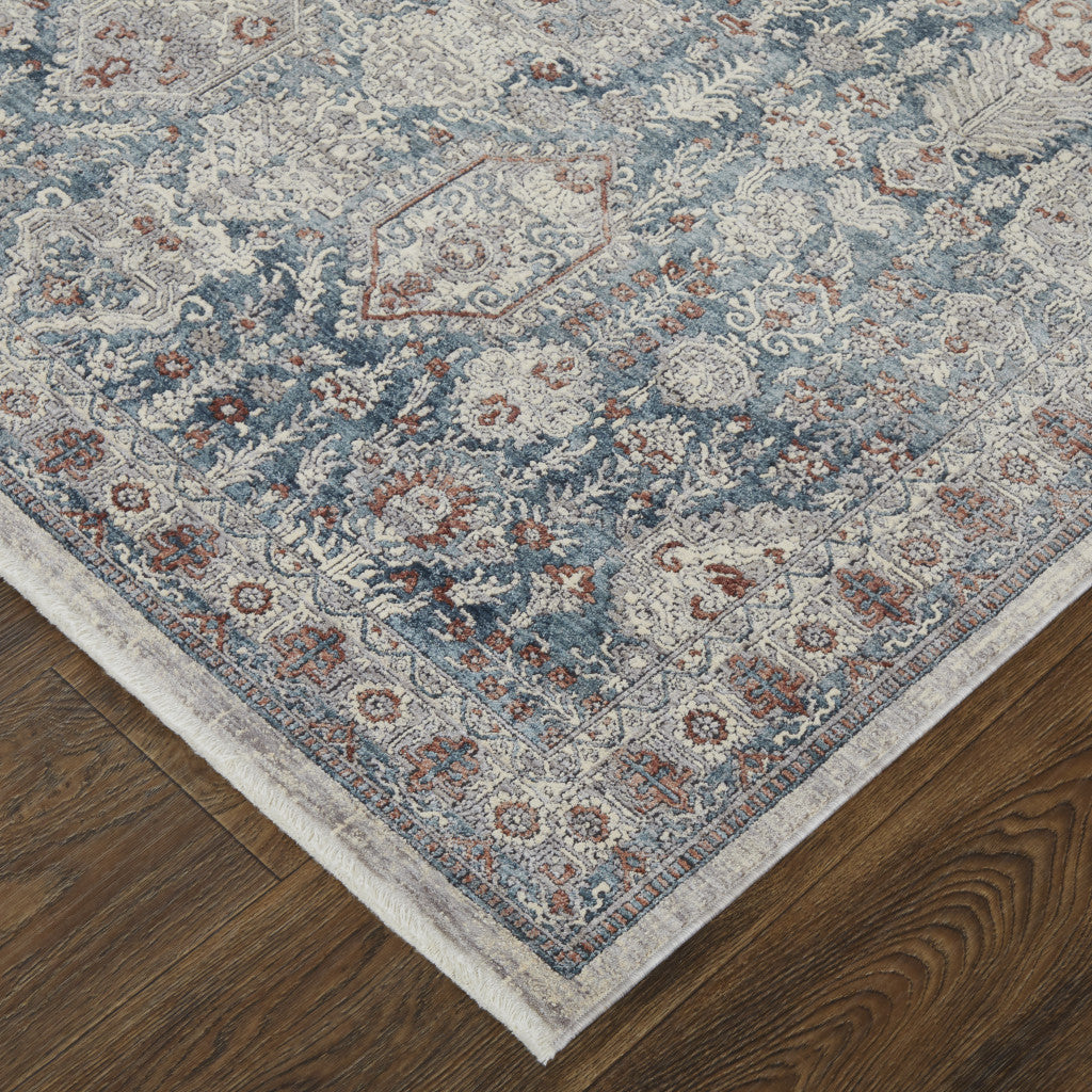 2' X 3' Blue And Ivory Floral Power Loom Stain Resistant Area Rug - 48.0" (L) x 72.0" (W) x 0.25" (H)