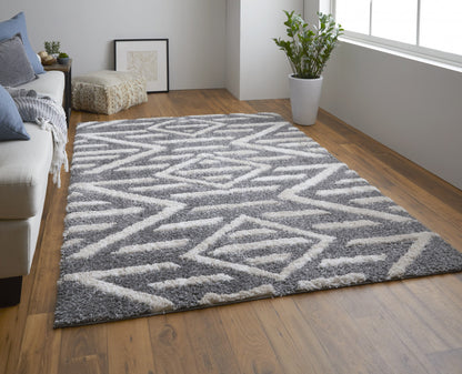 9' X 12' Gray And Ivory Geometric Power Loom Stain Resistant Area Rug - 108.0" (H) x 144.0" (W) x 1.29" (D)