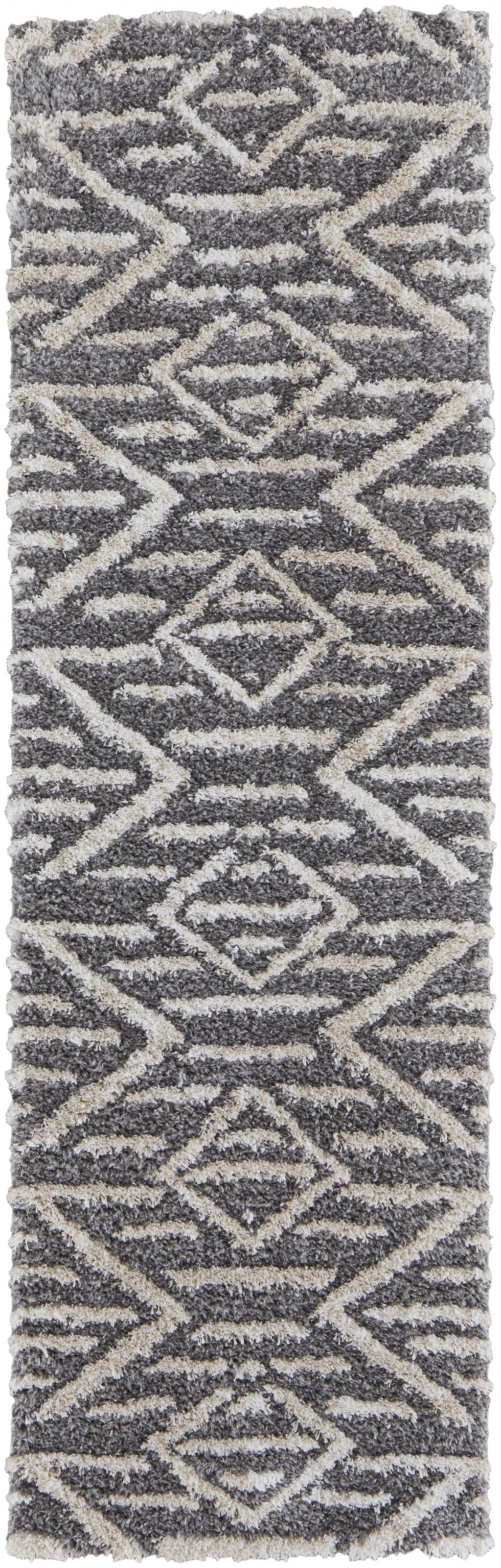 8' Gray And Ivory Geometric Power Loom Stain Resistant Runner Rug - 30.0" (H) x 96.0" (W) x 1.29" (D)