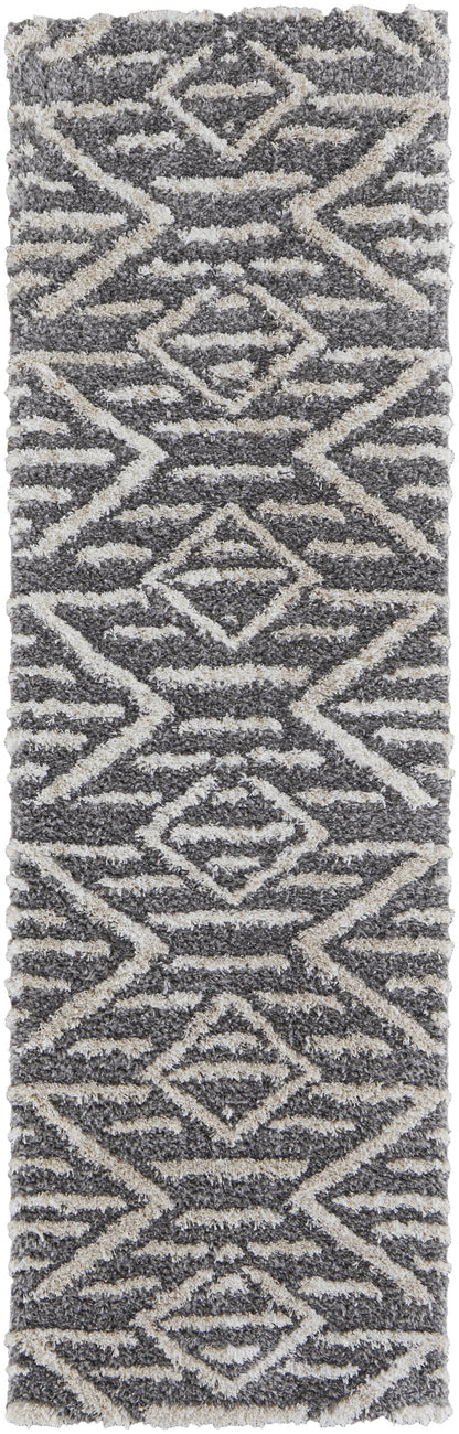 8' Gray And Ivory Geometric Power Loom Stain Resistant Runner Rug - 30.0" (H) x 96.0" (W) x 1.29" (D)