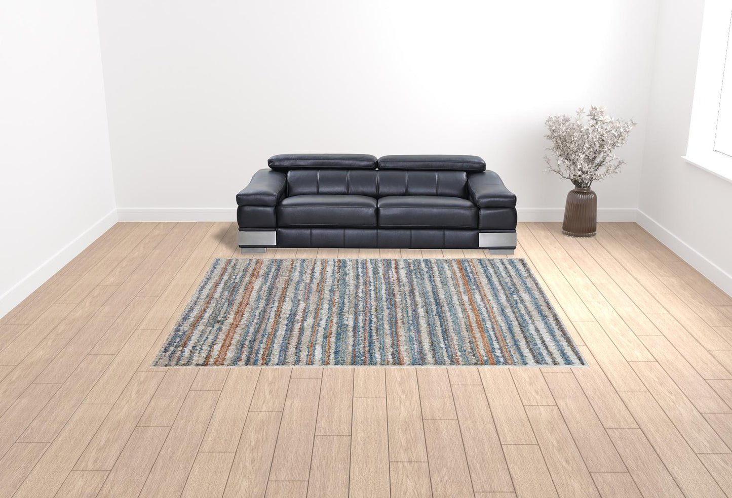 9' X 12' Ivory Blue And Orange Striped Power Loom Stain Resistant Area Rug - 108.0" (H) x 144.0" (W) x 1.29" (D)