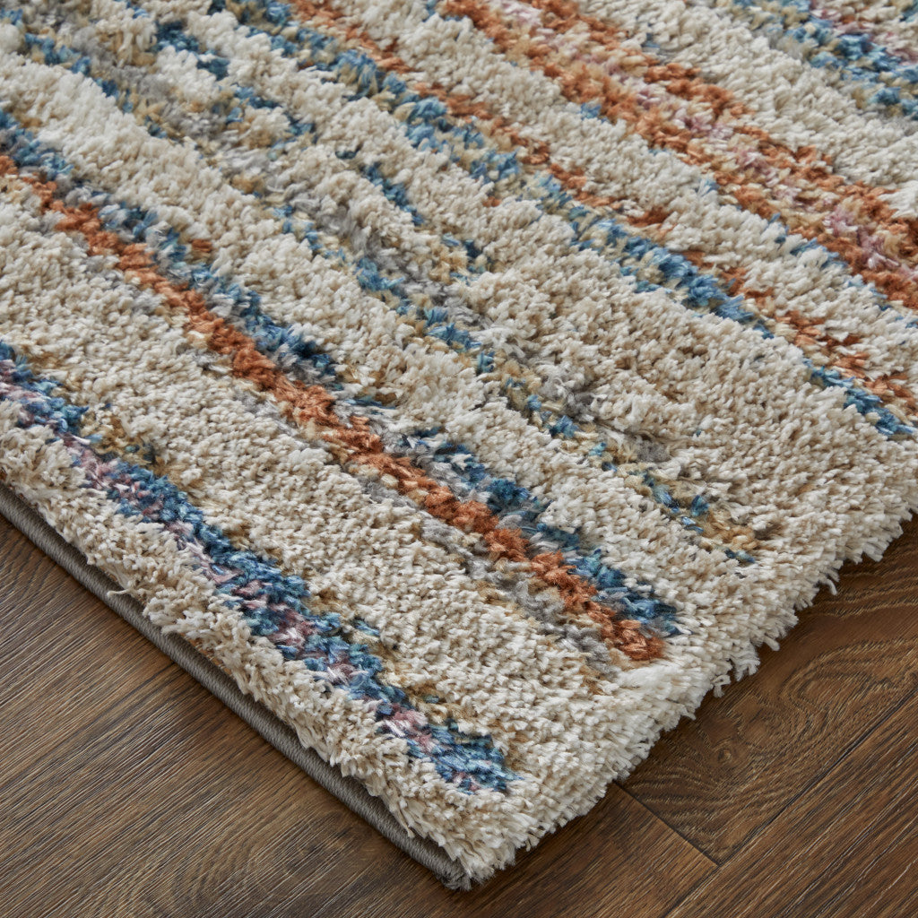 9' X 12' Ivory Blue And Orange Striped Power Loom Stain Resistant Area Rug - 108.0" (H) x 144.0" (W) x 1.29" (D)