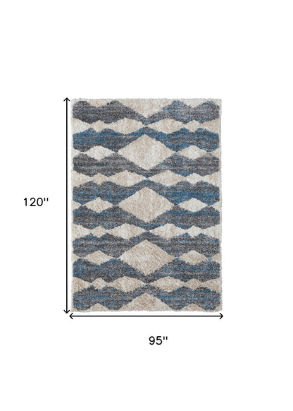 4' X 6' Ivory Gray And Blue Chevron Power Loom Stain Resistant Area Rug