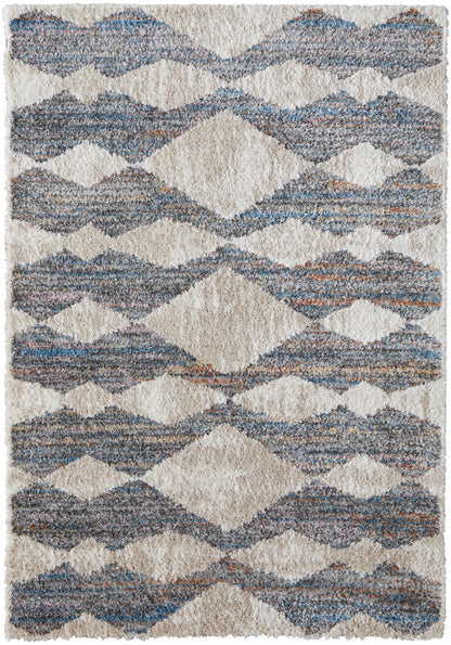 9' X 12' Tan Ivory And Blue Chevron Power Loom Stain Resistant Area Rug - 108.0" (H) x 144.0" (W) x 1.29" (D)