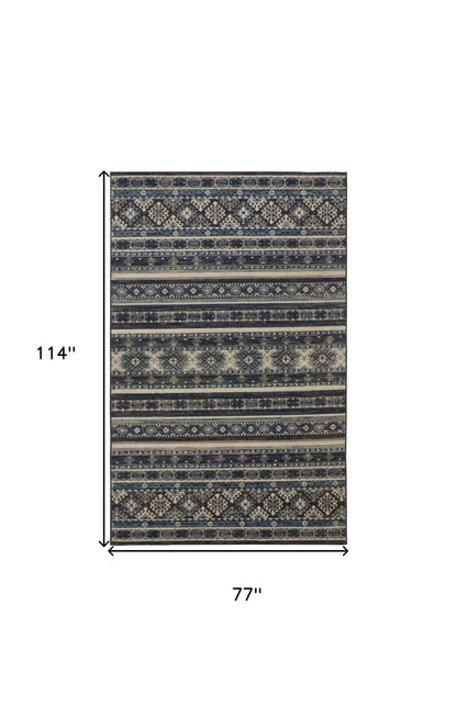 5' X 8' Blue Tan And Black Geometric Power Loom Distressed Stain Resistant Area Rug