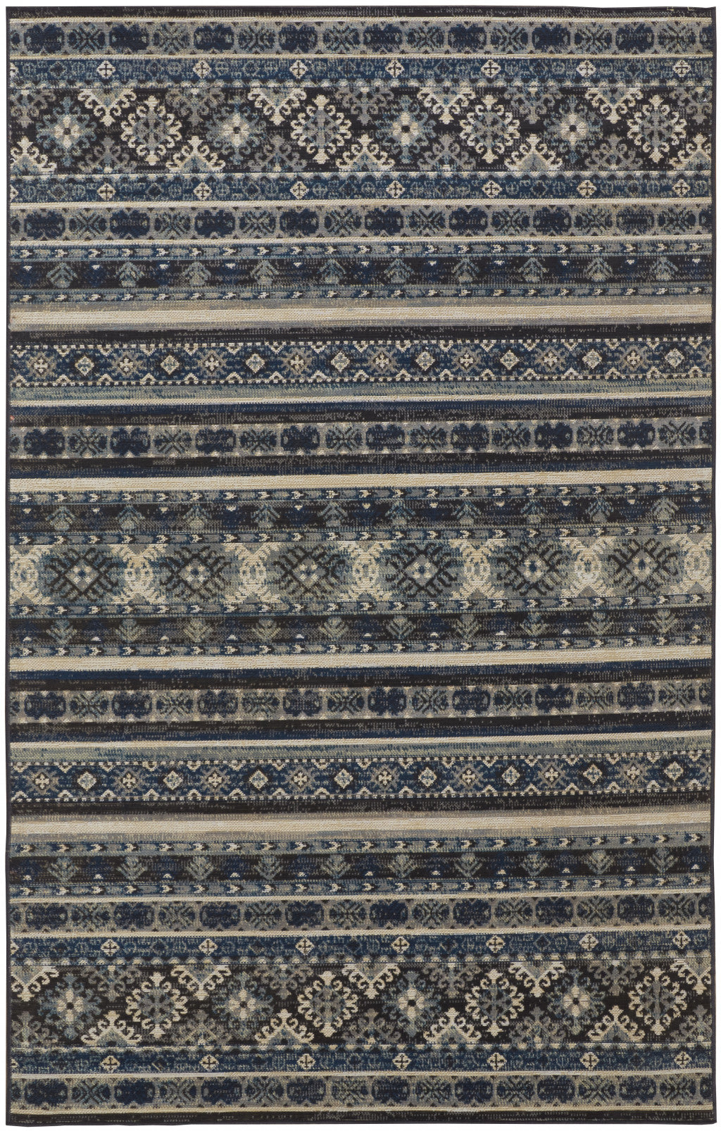 5' X 8' Blue Tan And Black Geometric Power Loom Distressed Stain Resistant Area Rug