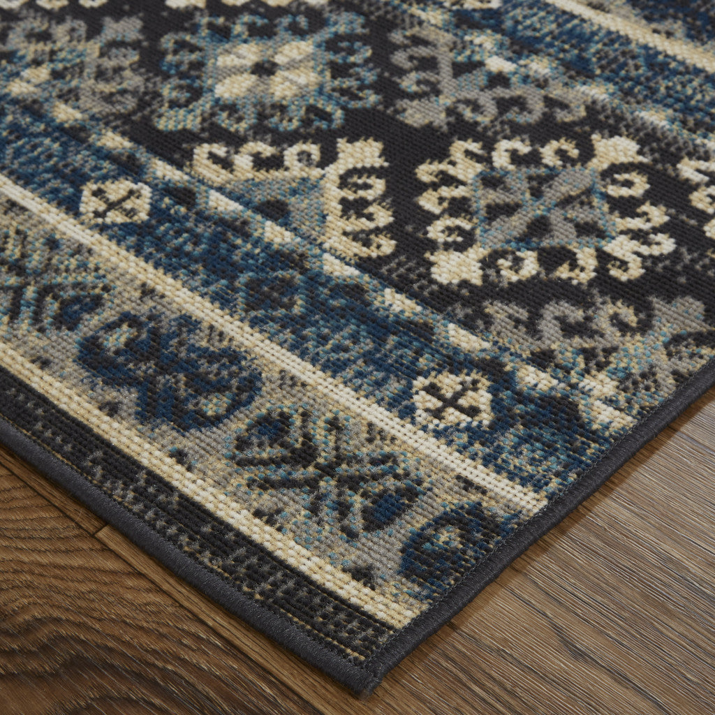 5' X 8' Blue Tan And Black Geometric Power Loom Distressed Stain Resistant Area Rug