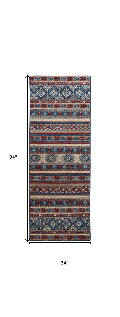 5' X 8' Blue Tan And Black Geometric Power Loom Distressed Stain Resistant Area Rug