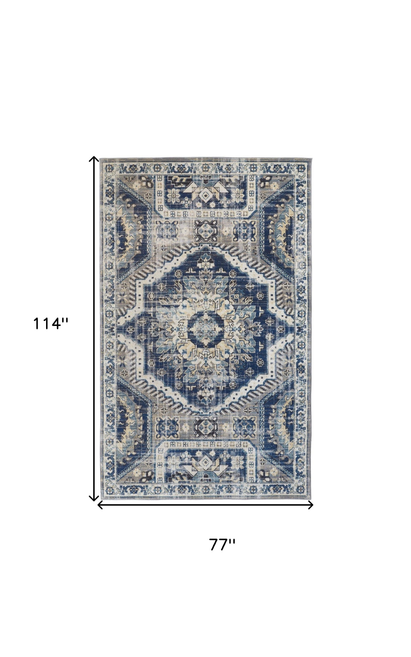 7' X 10' Blue And Ivory Abstract Power Loom Distressed Stain Resistant Area Rug