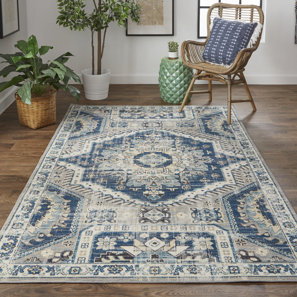 7' X 10' Blue And Ivory Abstract Power Loom Distressed Stain Resistant Area Rug