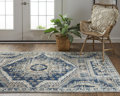 7' X 10' Blue And Ivory Abstract Power Loom Distressed Stain Resistant Area Rug