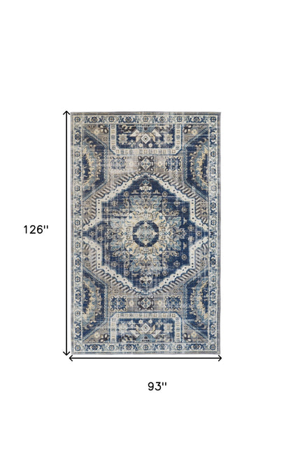 7' X 10' Blue And Ivory Abstract Power Loom Distressed Stain Resistant Area Rug