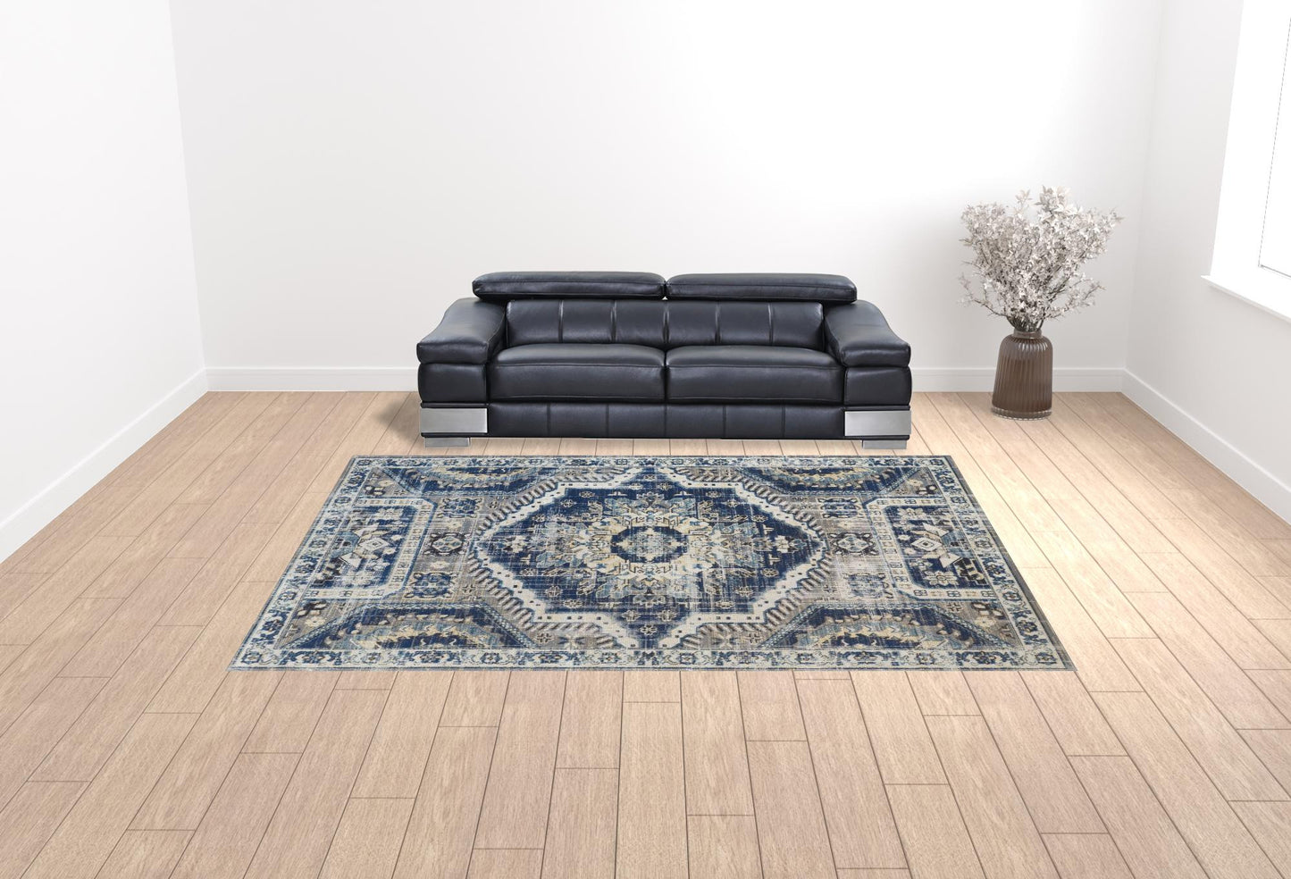 7' X 10' Blue And Ivory Abstract Power Loom Distressed Stain Resistant Area Rug