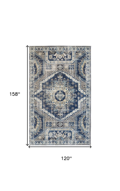 7' X 10' Blue And Ivory Abstract Power Loom Distressed Stain Resistant Area Rug