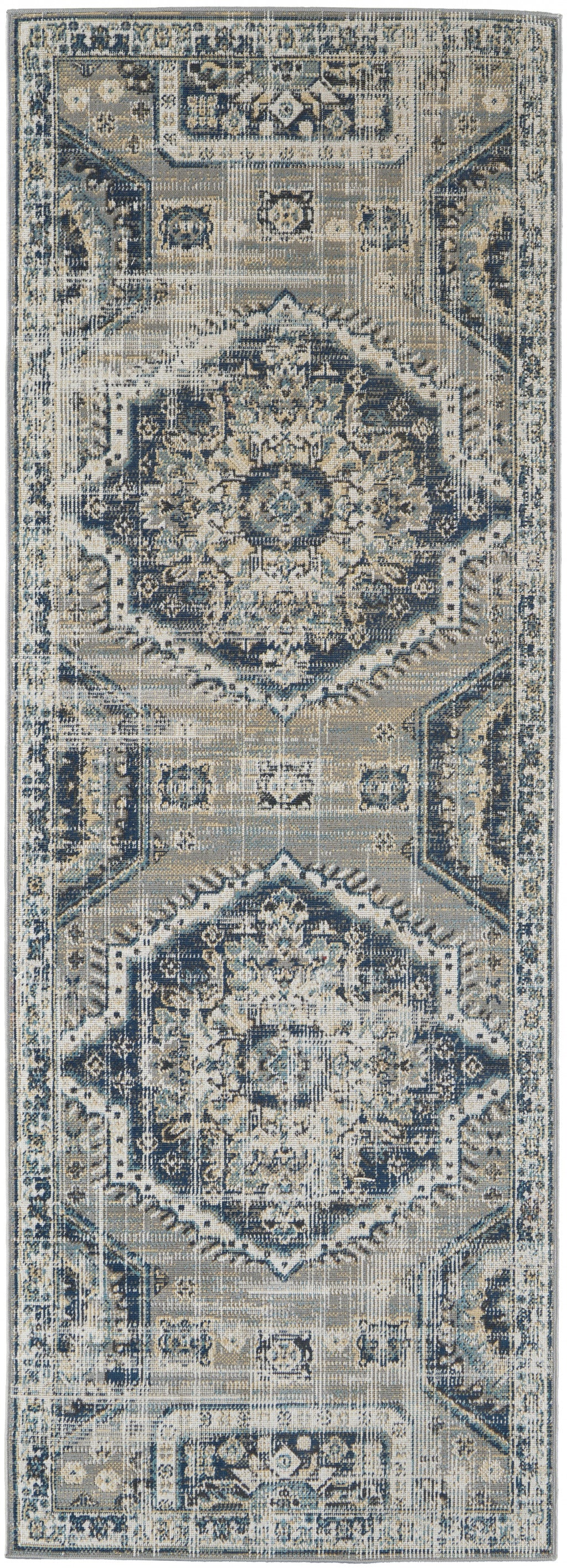 7' X 10' Blue And Ivory Abstract Power Loom Distressed Stain Resistant Area Rug