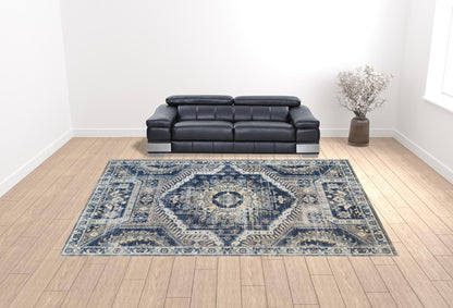 7' X 10' Blue And Ivory Abstract Power Loom Distressed Stain Resistant Area Rug